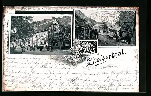 AK Steigerthal, Gasthaus zum Felsenkeller, Ortspartie mit Pferdewagen