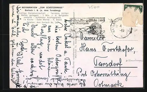 AK Durlach i. B., Restaurant zum Schützenhaus a. dem Turmberg