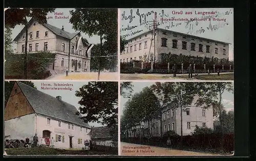 AK Langenau, Hotel am Bahnhof, Hermann Schmieders Materialwarenhandlung, Holzwarenfabrik Reinhardt & Bräunig