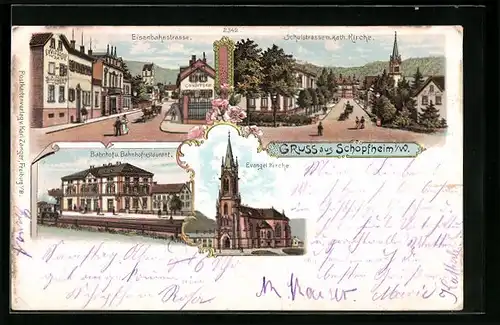 Lithographie Schopfheim i. W., Bahnhof und Bahnhofrestaurant, Eisenbahnstrasse mit Bäckerei, Evangelische Kirche