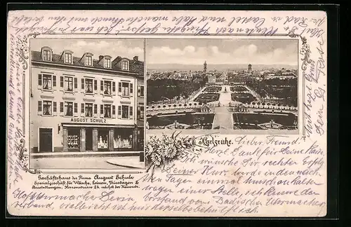 AK Karlsruhe, Geschäftshaus August Schulz, Panorama