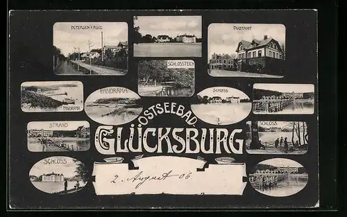 AK Glücksburg, Petersen`s Allee, Schlossteich, Schloss, Postamt, Strand, Schloss