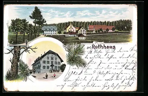 Lithographie Rothhaus, Ortsansicht mit Häuseransichten