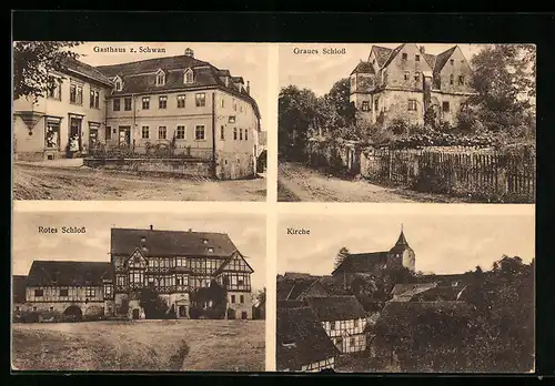 AK Mihla a. d. Werra, Gasthaus zum Schwan, Rotes und Graues Schloss, Kirche