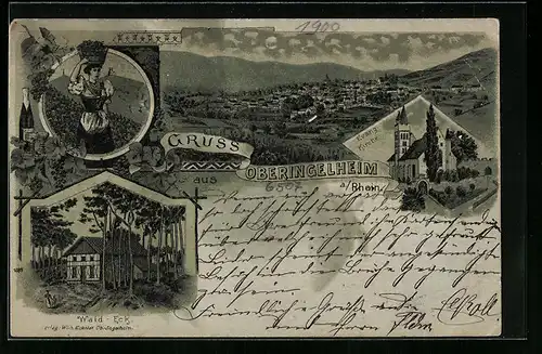 Mondschein-Lithographie Oberingelheim a. Rhein, Totalansicht, Evang. Kirche, Waid-Eck