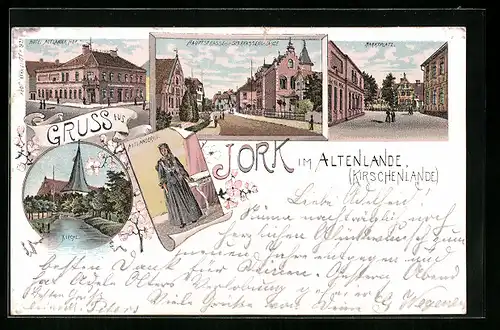Lithographie Jork i. Altenlande, Hotel Altländer Hof, Hauptstrasse mit Sparkassengelände, Altländerin