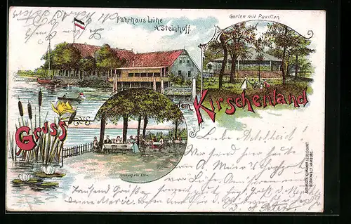Lithographie Lühe i. Kirschenland, Fährhaus Lühe, Garten mit Pavillon, Blick auf die Elbe
