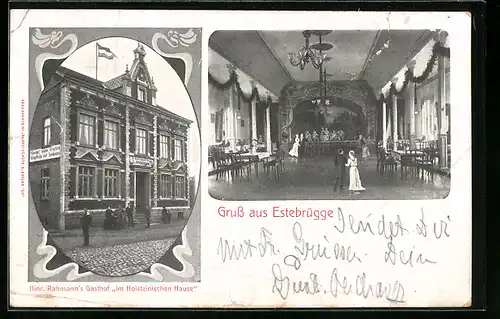 AK Estebrügge, Hinr. Rahmanns Gasthof Im Holsteinischen Hause mit Strasse, Innenansicht mit Bühne