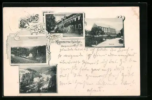 Passepartout-AK Obergruna, Totalansicht, Hammerwerk, Gasthaus Hammerschänke
