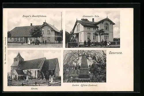 AK Oeversee, Lorenzens Villa, Saagers Geschäftshaus, Oesterr. Offizier-Denkmal