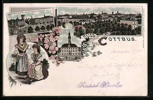 Lithographie Cottbus, Ortsansicht, Sprembergerstrasse und Kaiser Wilhelmsplatz, Trachten
