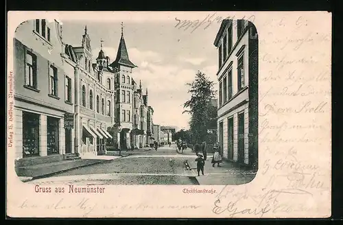 AK Neumünster, Christianstrasse mit Geschäften und Passanten