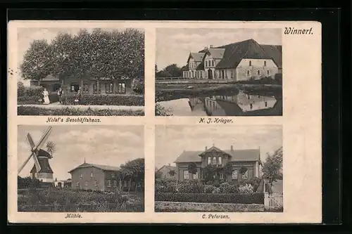 AK Winnert, Holsts Geschäftshaus, Windmühle, Häuser H. J. Krieger und C. Petersen