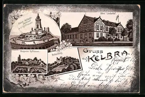 Lithographie Kelbra, Hotel Lindenhof, Rothenburg, Ruine und Denkmal Kyffhäuser