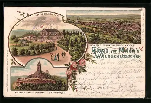 Lithographie Frankenhausen /Kyffhäuser, Gesamtansicht, Gasthaus Waldschlösschen, Denkmal auf dem Kyffhäuser
