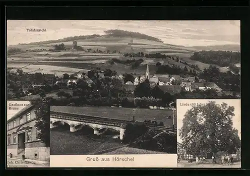 AK Hörschel, Totalansicht, Viadukt, Gasthaus zur Krone, 400-jährige Linde