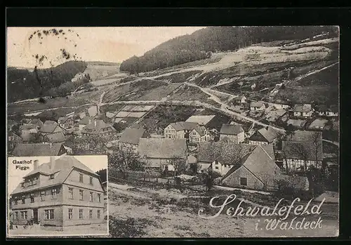 AK Schwalefeld i. Waldeck, Gesamtansicht mit Umgebung, Gasthof Figge