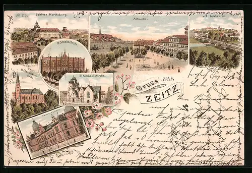 Lithographie Zeitz, Altmarkt, Auebrücke, II. Stadtschule