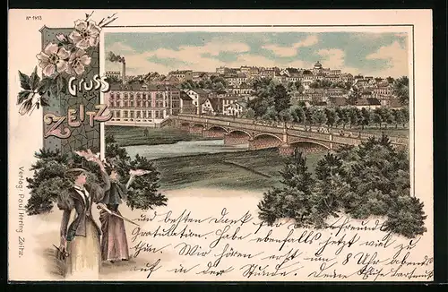 Lithographie Zeitz, Blick über die Brücke auf die Stadt