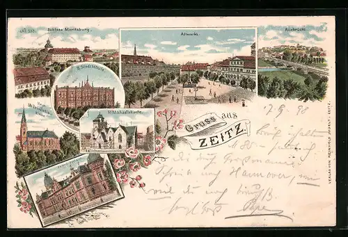 Lithographie Zeitz, Postamt, II. Stadtschule, Altmarkt
