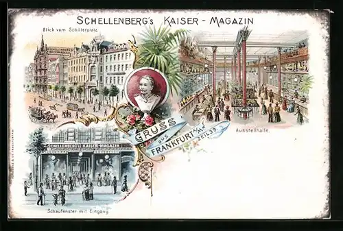 Lithographie Frankfurt a. M., Schellenberg`s Kaiser-Magazin, Zeil 39, Blick vom Schillerplatz, Ausstellhalle