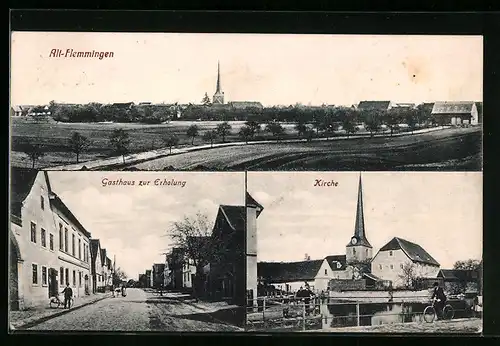 AK Alt-Flemmingen, Gasthaus zur Erholung, Kirche, Ortsansicht