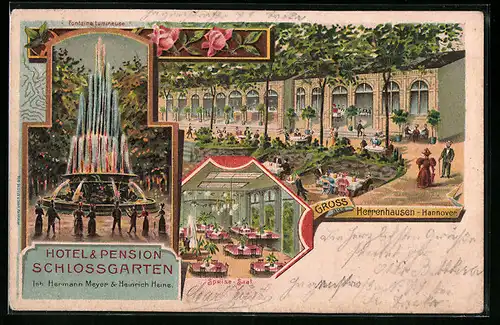 Lithographie Hannover-Herrenhausen, Hotel & Pension Schlossgarten, Fontaine Lumineuse