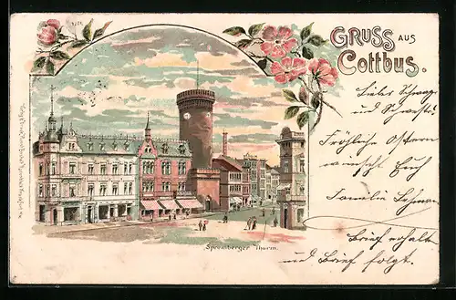 Lithographie Cottbus, Strassenpartie am Spremberger Thurm