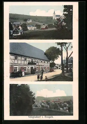 AK Voigtsdorf i. Erzgeb., Strassenpartie am Gasthof, Teilansicht mit Kirche