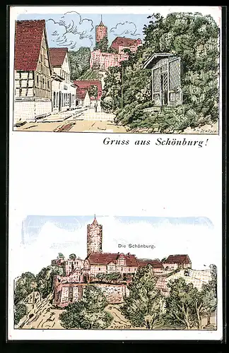 Lithographie Schönburg, Strassenpartie mit Blick zur Burg