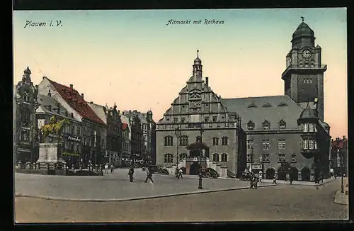 AK Plauen i. V., Altmarkt mit Rathaus
