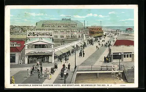 AK Wildwood-by-the-Sea, NJ, Boardwalk showing Surfside Hotel and Sportland