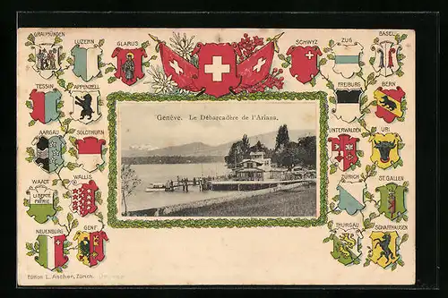 Präge-AK Genève, Le Débarcadère de l`Ariana, Kantonswappen der Schweiz