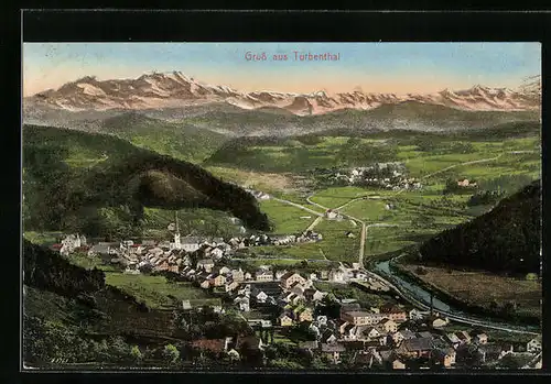 AK Turbenthal, Gesamtansicht mit Bergkette und Fluss aus der Vogelschau