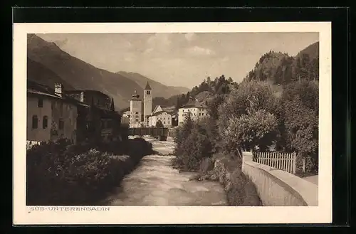 AK Süs, Flusspartie mit Brücke und Kirche