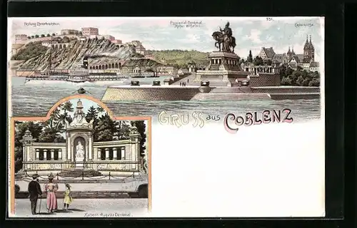 Lithographie Coblenz, Teilansicht mit Denkmal Kaiser Wilhelm I. und Festung Ehrenbreitstein, Kaiserin-Augusta-Denkmal