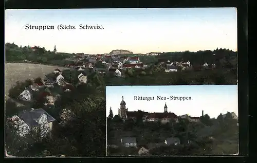 AK Struppen /Sa., Ortsansicht und Rittergut Neu-Struppen