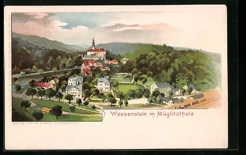 Lithographie Weesenstein /Müglitzthal, Gesamtansicht mit Umgebung aus der Vogelschau