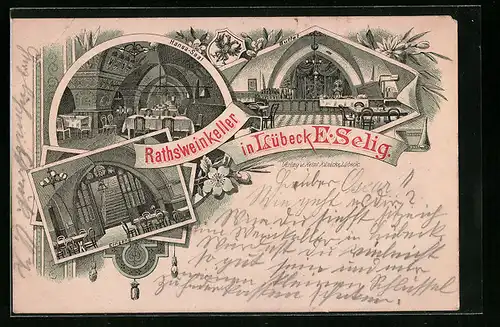 Lithographie Lübeck, Gasthaus Rathsweinkeller, Innenansichten