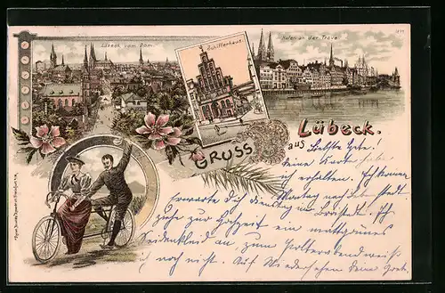 Lithographie Lübeck, Ortsansicht vom Dom aus, Schifferhaus, Hafen an der Trave