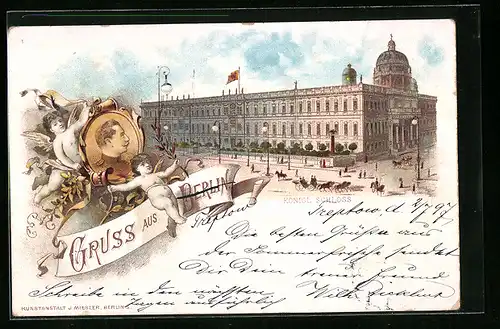 Lithographie Berlin, Königliches Schloss mit Strasse, Kaiserportrait mit Putten
