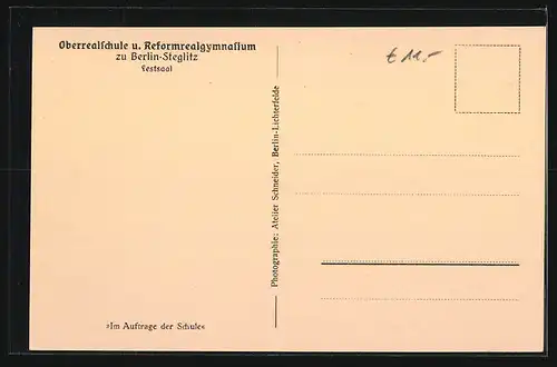 AK Berlin-Steglitz, Oberrealschule und Reformrealgymnasium, Festsaaal