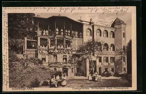 AK Bad Suderode /Harz, Evangelisches Töchterheim Haus Felsengrund mit Bewohnerinnen, Gartenansicht