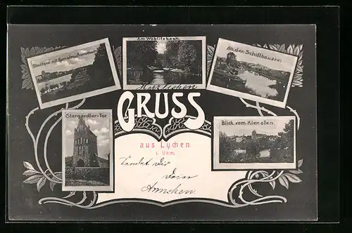 AK Lychen i. Ukm., Stadtsee mit Kienofen-Promenade, Schiffbauerei, Stargardter Tor