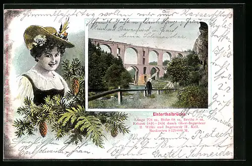 Präge-AK Plauen, Elsterthal, Elsterthalbrücke, Frau mit Hut