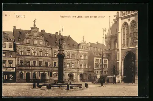 AK Erfurt, Fischmarkt mit Haus zum breiten Herd und Denkmal