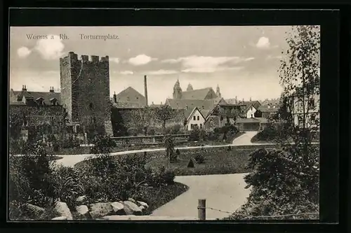 AK Worms a. Rh., Teilansicht mit Torturmplatz