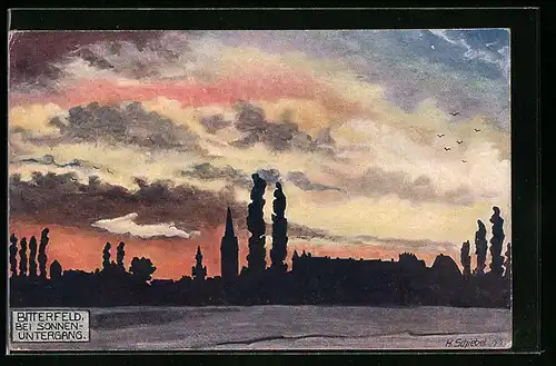 Künstler-AK Bitterfeld, Panorama bei Sonnenuntergang