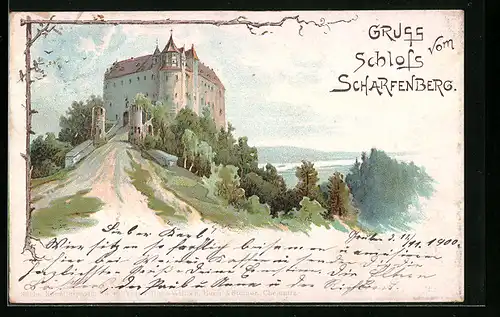 Lithographie Klipphausen, Schloss Scharfenberg mit Umgebung