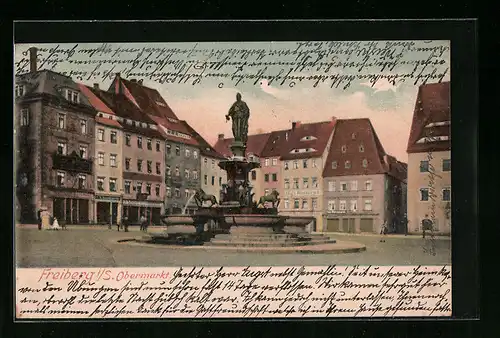 AK Freiberg /Sa., Obermarkt mit Uhligs Restaurant und Brunnen